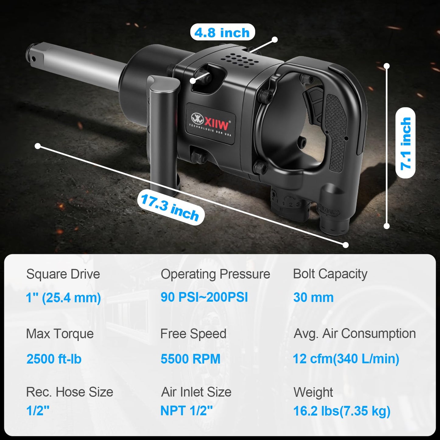 XIIW 1 Inch Air Impact Wrench, Up to 2500 ft-lbs Nut-Busting Torque, 16.2 lbs Lightweight Pneumatic Impact Gun, 5500 RPM 1 Inch Impact Gun with 1/2" Air Inlet for Heavy Duty Repairs and Maintenance