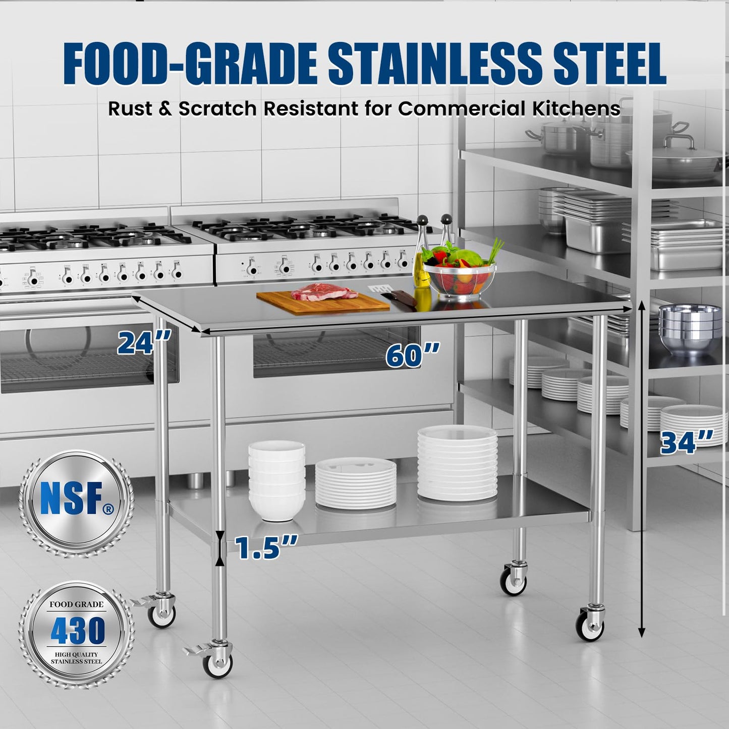 Chingoo Stainless Steel Work Table with Wheels, 24x60 Inch NSF Kitchen Prep Table with Adjustable Undershelf for Commercial Restaurant, Garage, Outdoor BBQ