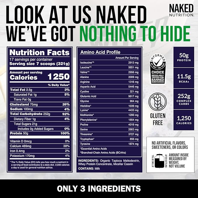 NAKED Mass - Natural Weight Gainer Protein Powder - 12LB Bulk, GMO Free, Gluten Free & Soy Free. No Artificial Ingredients - 1,250 Calories per Serving