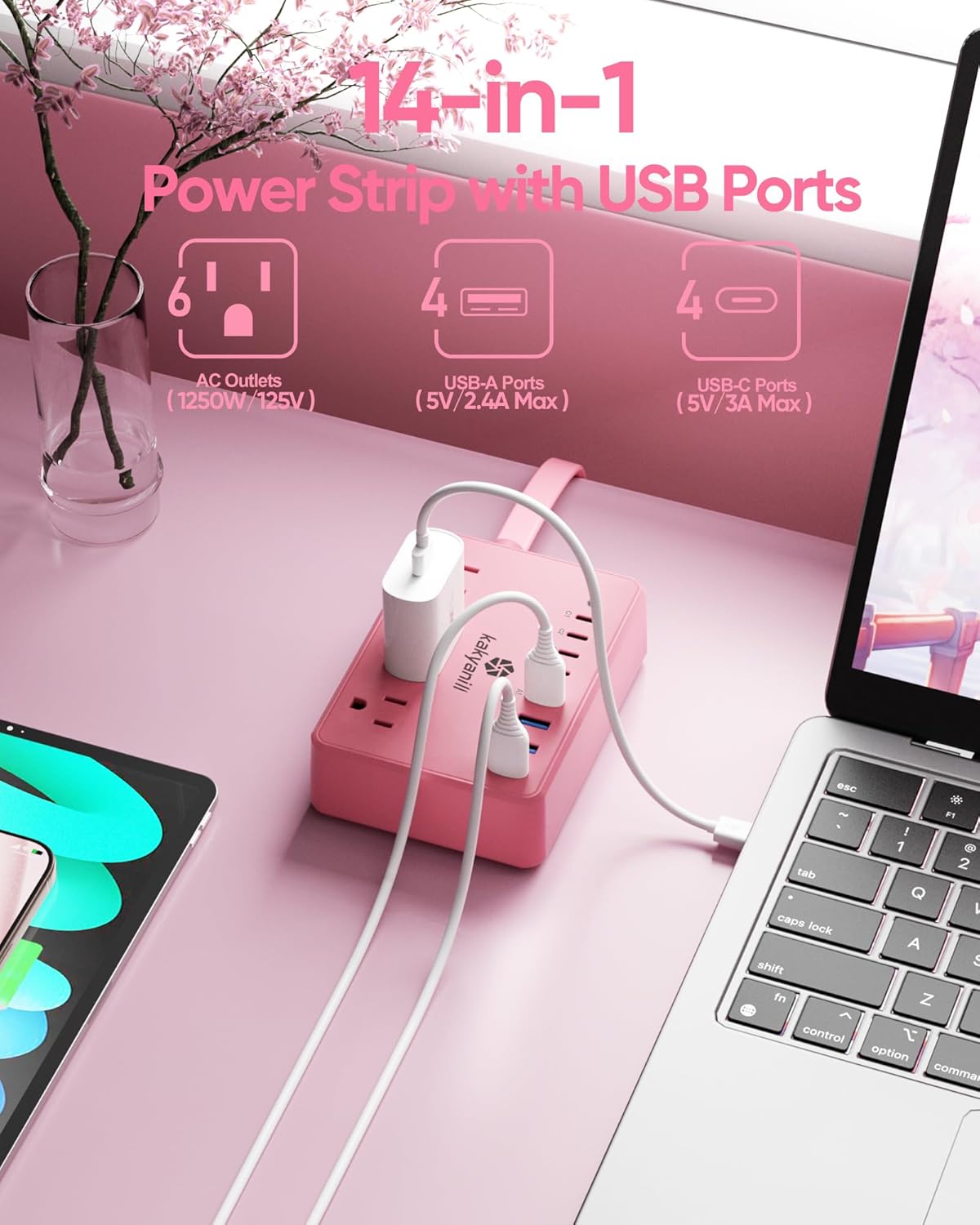 kakyanill 6 8 Ports(4 2000J 5ft Pink Power Strip, AC Outlets USB USB C) with Surge Protector, Flat Plug Pink Extension