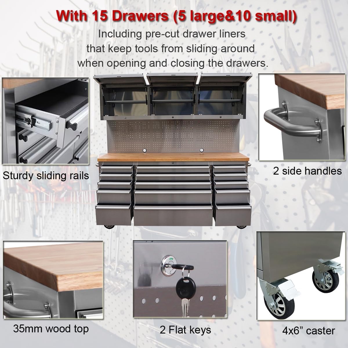 AnorTrek 72 inch 15 Drawers Tool Chest with 3 Up Cabinet & Pegboard in Stainless Steel (Stainless Steel)