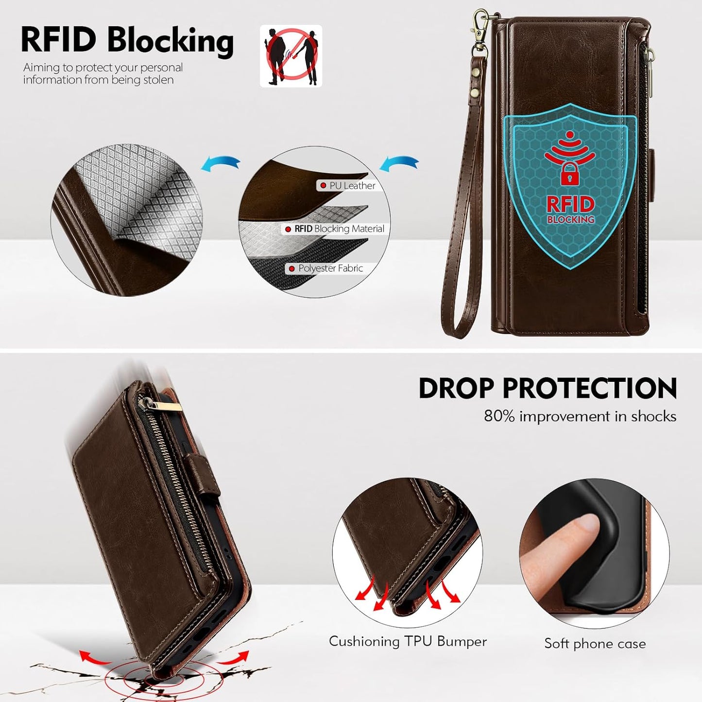 Antsturdy 11 11 6.1",Coffee Compatible with iPhone Wallet Case,RFID Blocking PU Leather Phone Case Women Men Flip