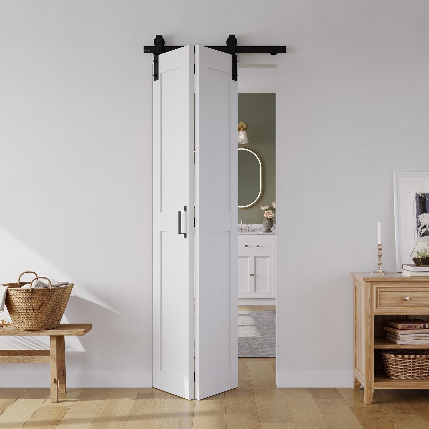 Bifold Barn Door 32" x 84", MDF Bi-Fold Sliding Closet Doors with Hardware Kit Included, Pre-Finished Easy Assembly, Water-Proof PVC Surface & Save Space, H-Frame, 36" Track for 2 Doors,White