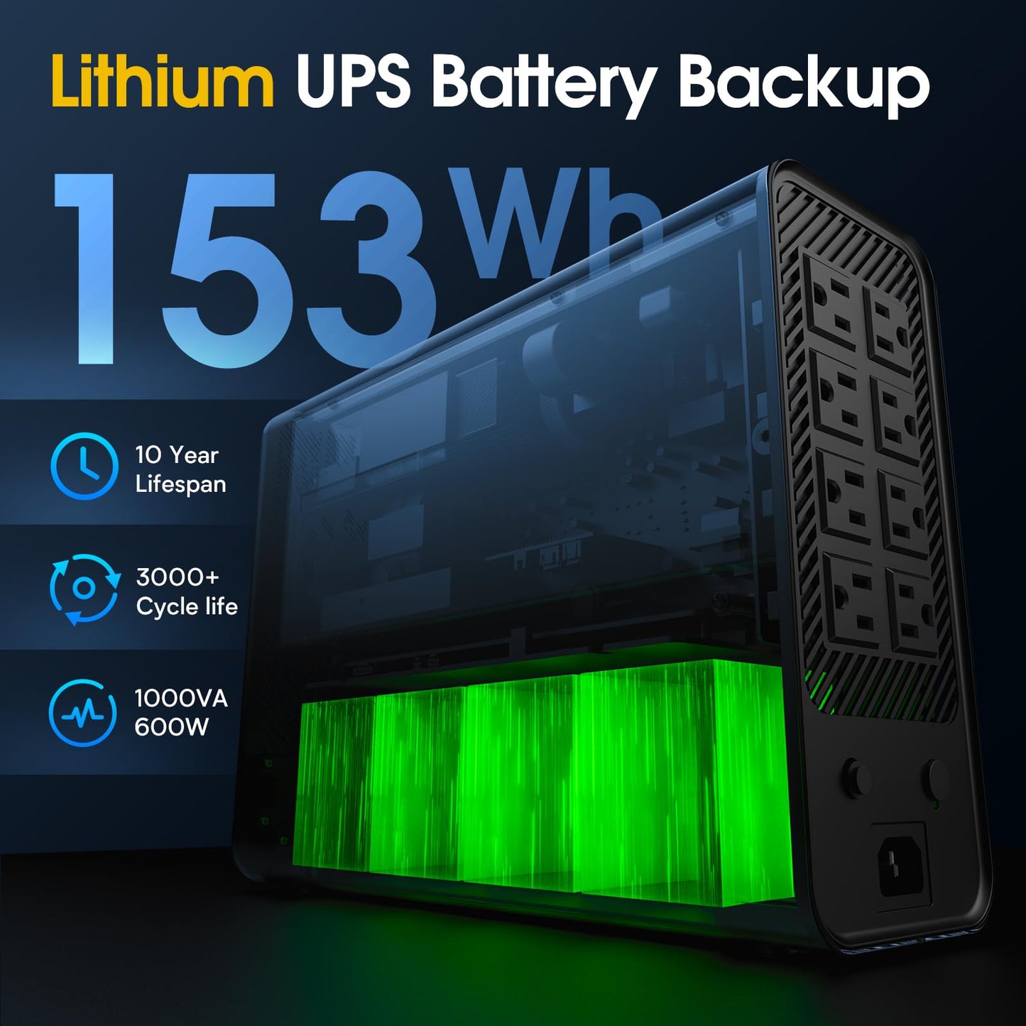 GOLDENMATE 1000VA/600W Lithium UPS Battery Backup and Surge Protector, Sinewave UPS System with LiFePO4 Battery(153.6 Wh), Upgraded Pro Ver. with Communication Port, 8 Outlets, LCD Display, White