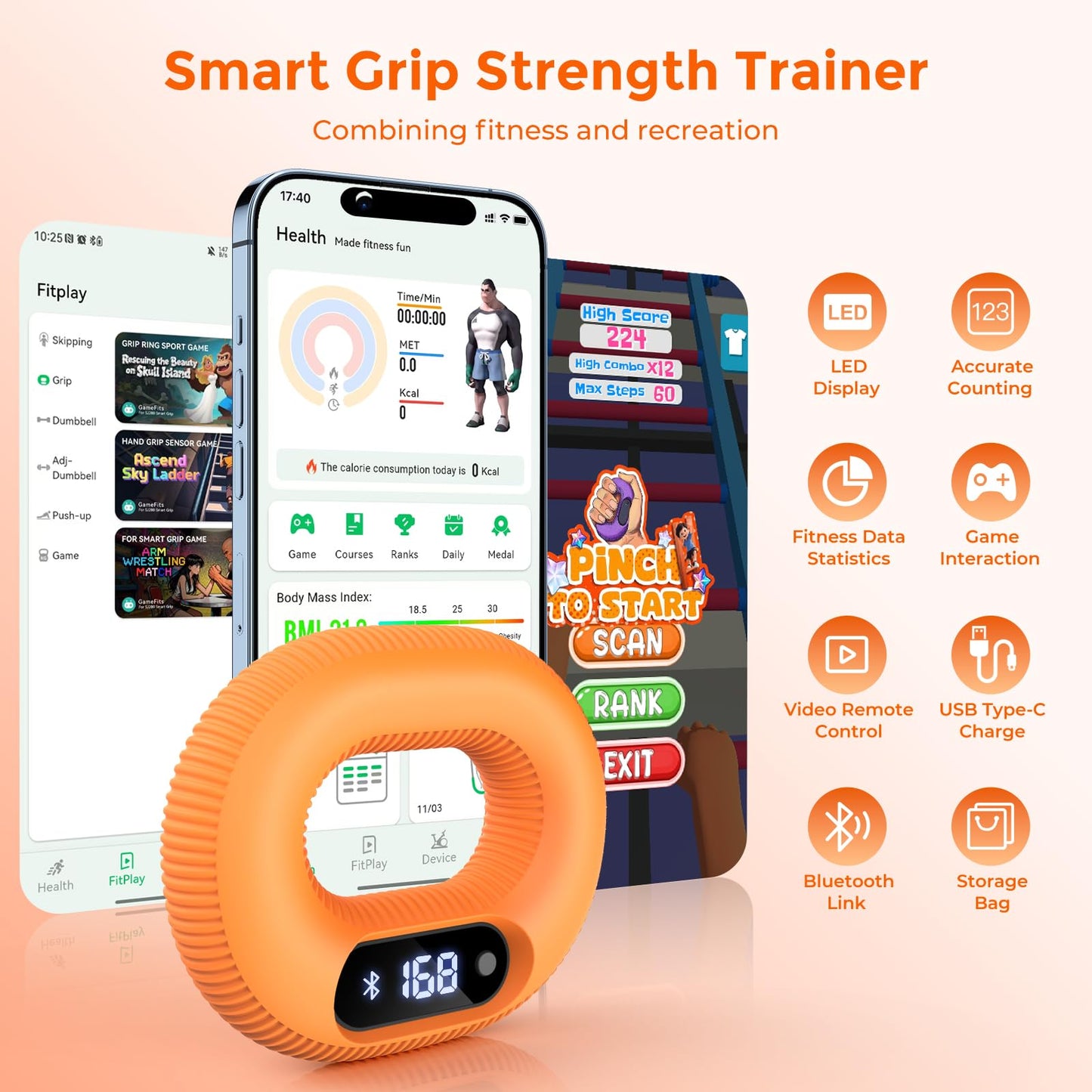 Grip Strength Trainer with Smart Bluetooth APP, Countable Hand Extension Exerciser for Muscle Building and Injury Recover, Portable Hand Exerciser at Office, School and Home Use, Silicone (50 LB)