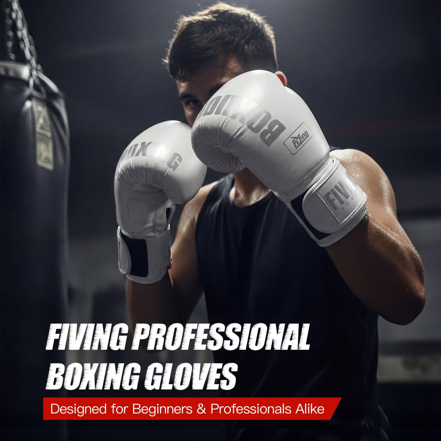 FIVING Boxing Gloves with Hand Wraps for Men and Women, Kickboxing, Mixed Martial Arts, Muay Thai, MMA, Heavy Bag Training (White, 14oz)