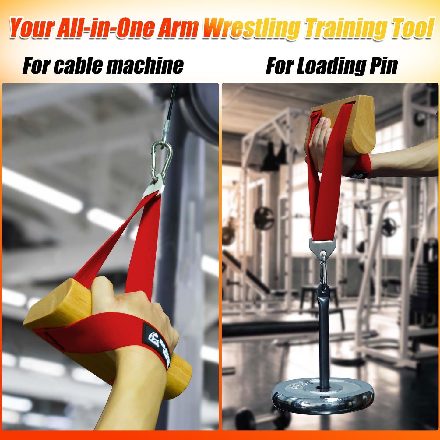Ergonomic Arm Wrestling Handle with Wooden Grip, Wrist & Forearm Strength Training Attachment for Cable Machines (Red)