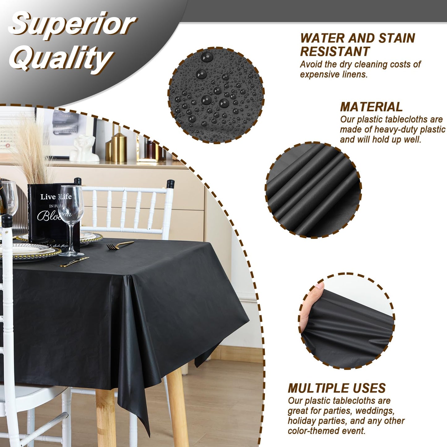 Fixwal 16 Pack Black Plastic Tablecloth Disposable Table Cloth 54" x 108" Plastic Table Cover Premium Rectangle Tablecloths for Baby Shower Engagement Halloween Wedding