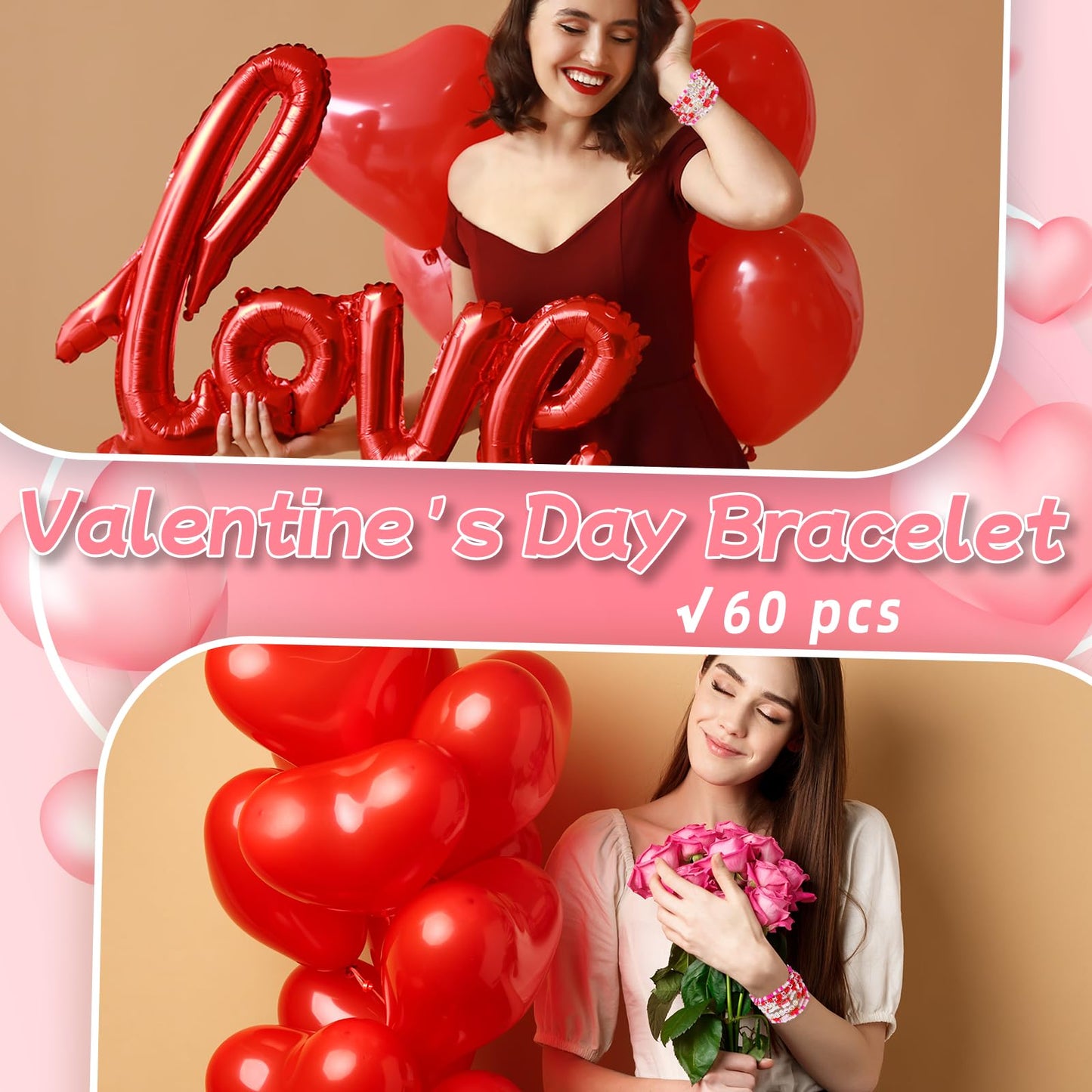 yesaior 60 pcs Valentine's Day Bracelets Bulk Colorful Friendship Adjustable Beaded Bracelets Bulk Women's Clay Surfer Heishi Jewelry for Women Men Gift Party Supplies (Valentine's Day)
