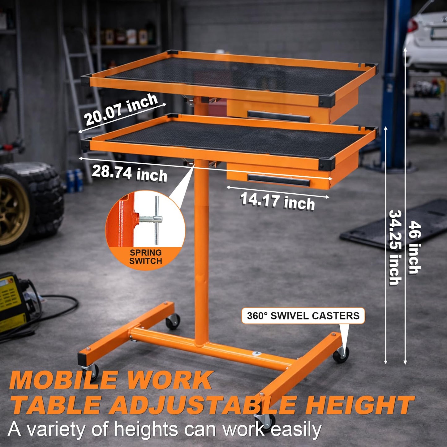 A A IN LT18 Heavy Duty Adjustable Work Table with Drawer for Mechanic,220lbs Capacity Rolling Tool Tray Table with Wheels Orange