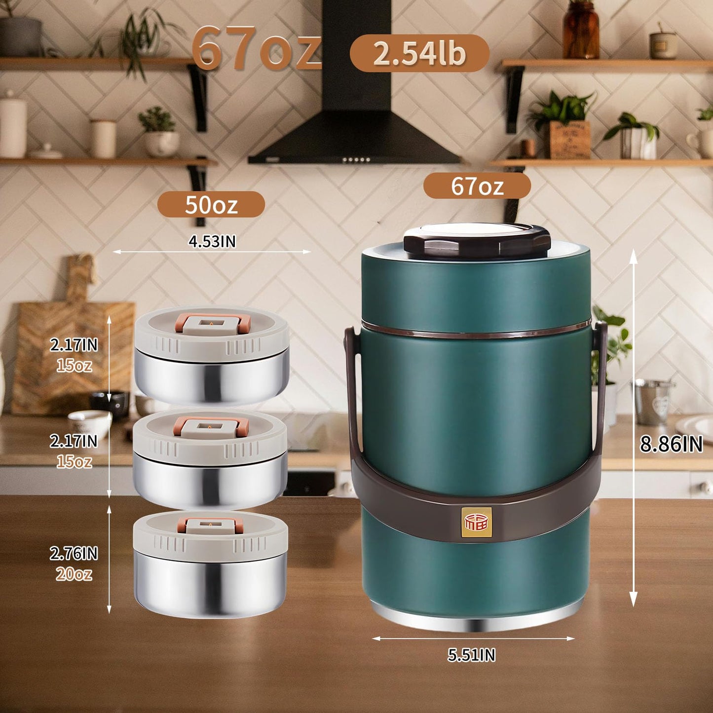 Gicklov 67 oz Adults Stainless Steel Vacuum Insulated Wide Mouth Soup Food Thermo Hot Food Jar with Keep Thermal Portable 3 Tier Stackable Bento Hot Food Containers Lunch Boxes (67 oz Green)
