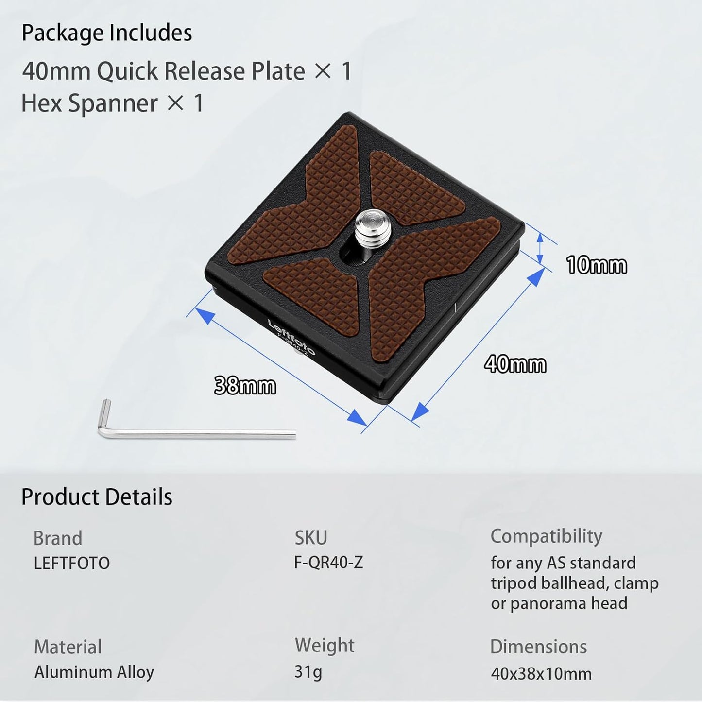 Leftfoto 40mm Arca Swiss Metal Universal Camera Quick Release Plate Fits Arca Type Clamp for DSLR Camera Tripod