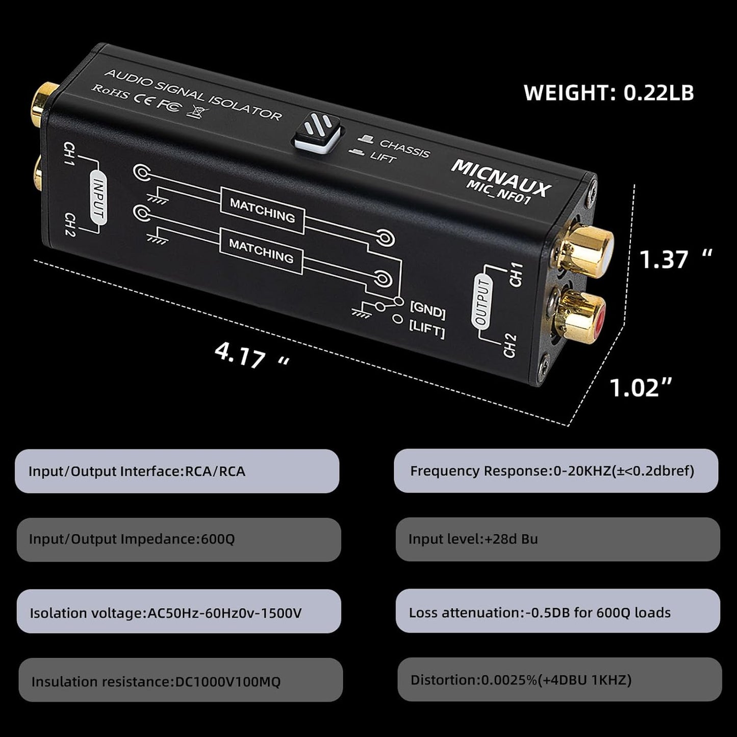Audio Hum Eliminator Ground Loop Noise Isolator (No Affects Bass), Dual Channel Gold Coating Aluminum Shell Noise