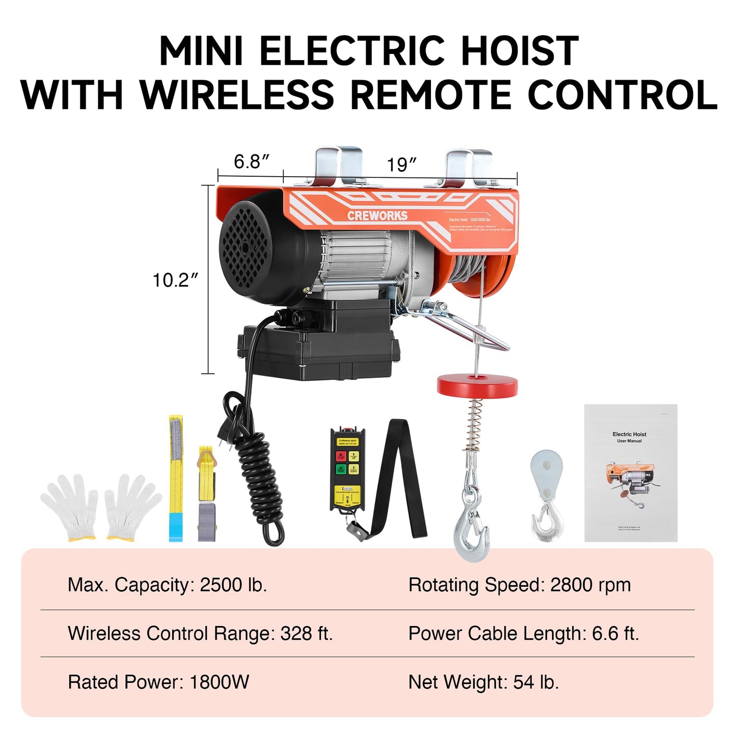 CREWORKS Electric Hoist, 2500lbs Electric Hoist with 328ft Wireless Remote Control 39ft Single Cable Lifting Height, 1800W Single Double Slings Hoist Lift Ceiling Winch for Factory Warehouse Garage