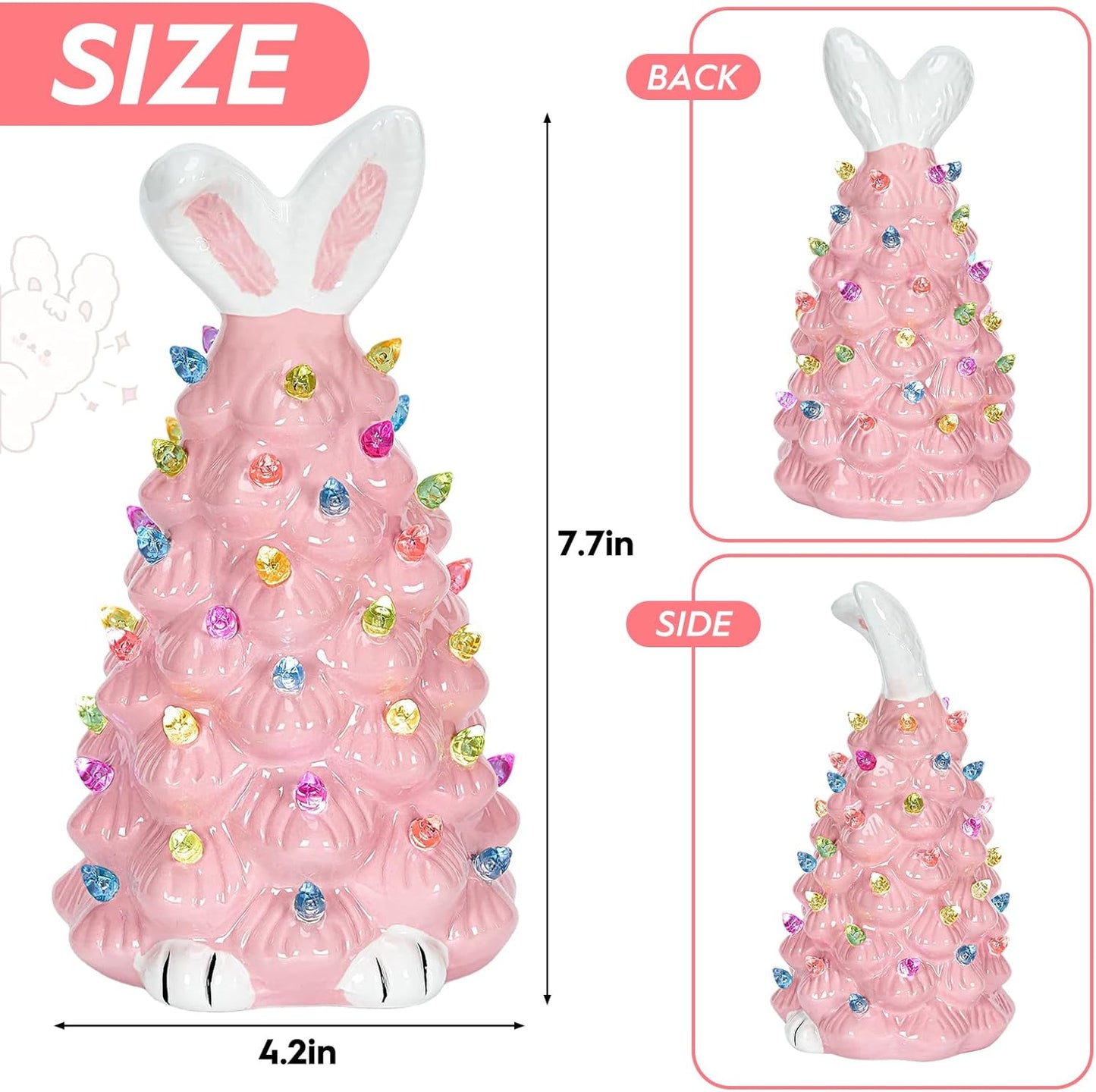 Skiennix Cute Ceramic Easter Bunny Decor - Light-Up Spring Tabletop Decoration for Kids (Pink)