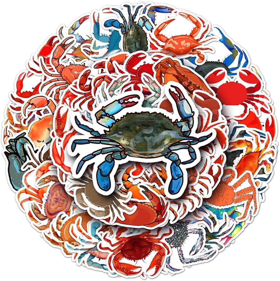 Jukome |50Pcs Crab Stickers Crab Waterproof Vinyl Decals for Water Bottles Laptop Luggage Cup Computer Mobile Phone