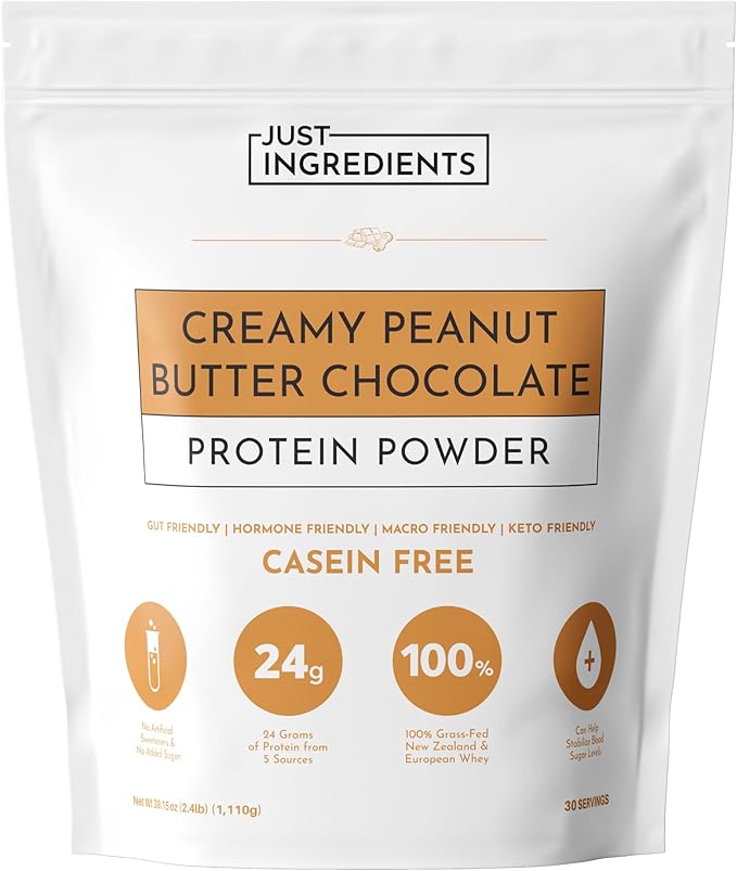 JUST INGREDIENTS Creamy Peanut Butter Chocolate Protein Powder ??30-ServingBlend with Grass-Fed Whey, Pea, Pumpkin Seed, Chia & Collagen ??No Sugar Added ??No Gums 24g Protein