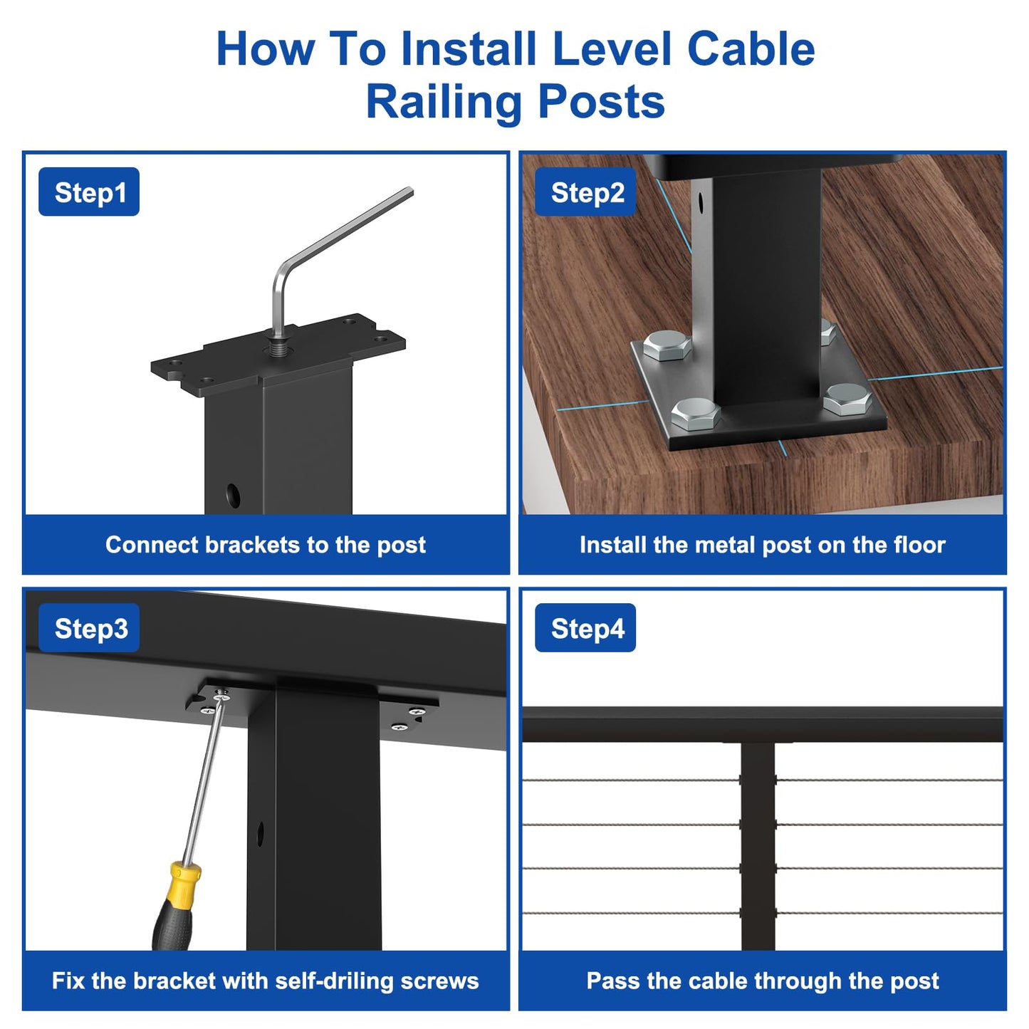 BLIKA 12FT-20FT Complete Set 42" Cable Railing Post Kit, Black Level Drilled Cable Railing Post, Swageless Cable Railing System Include 4Pack Level Posts, 1/8" 300FT Stainless Steel Cable(No Handrail)