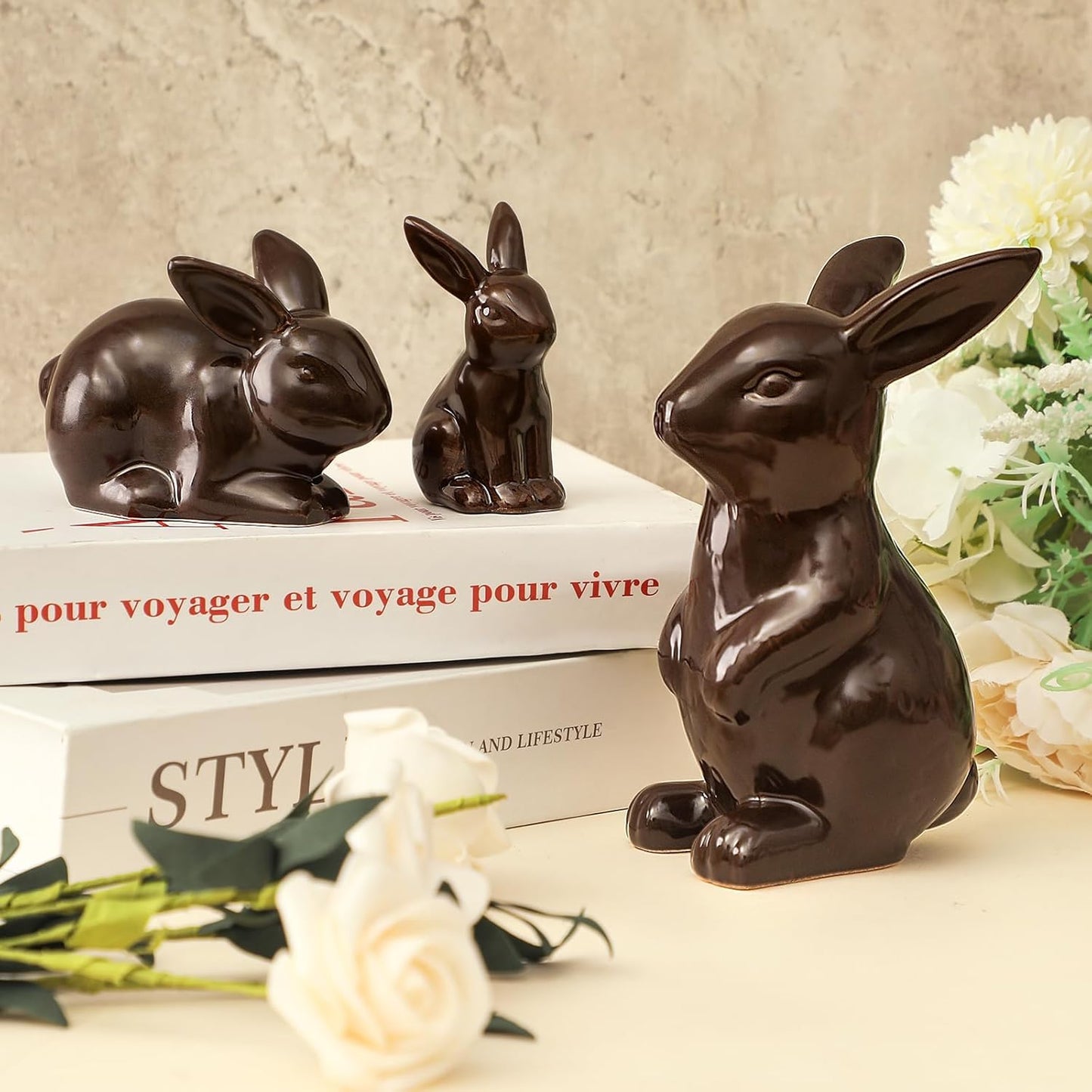 Rabbit Decor Ceramic Chocolate Bunny Figurines - Set of 3 Cute Home Table Centerpieces for Living Room & Office
