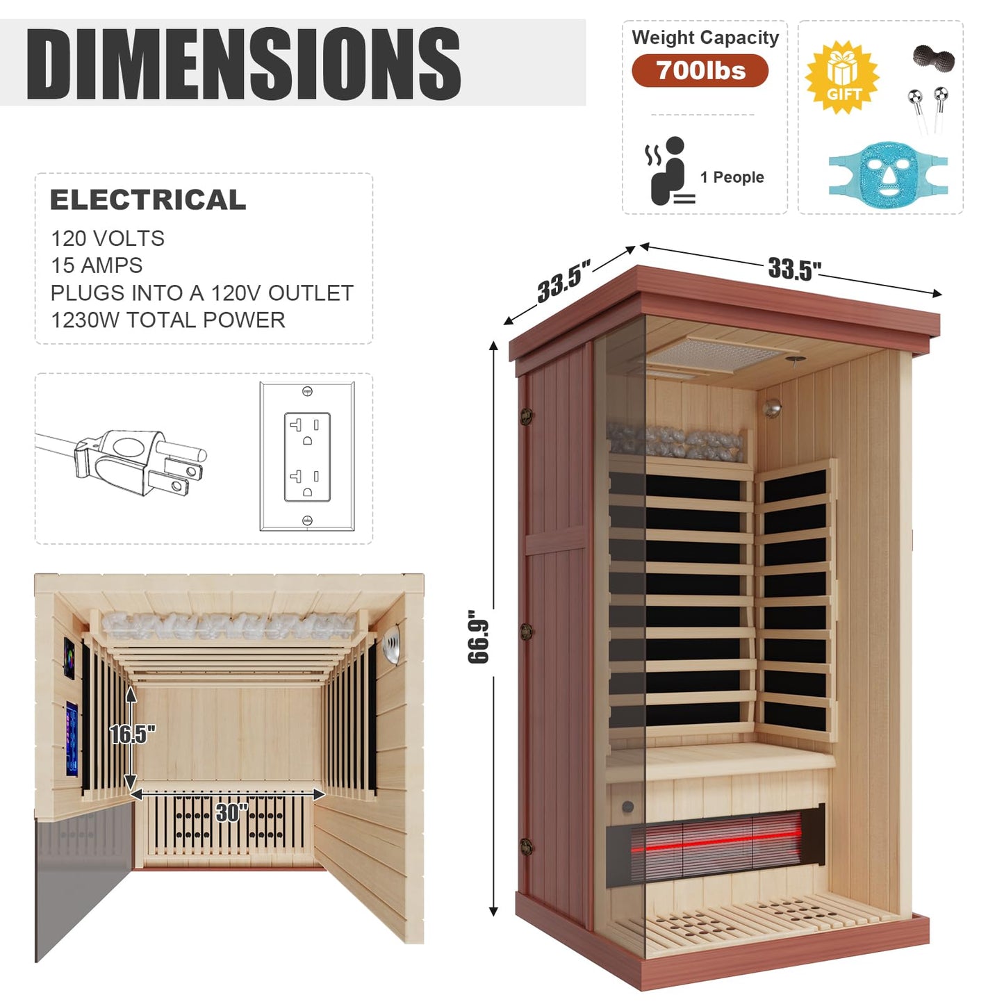 MEISSALIVVE Full Spectrum Infrared Sauna，1 Person Home Sauna， Red Cedar Indoor Spa Sauna with Resonance Speaker and Tempered Glass