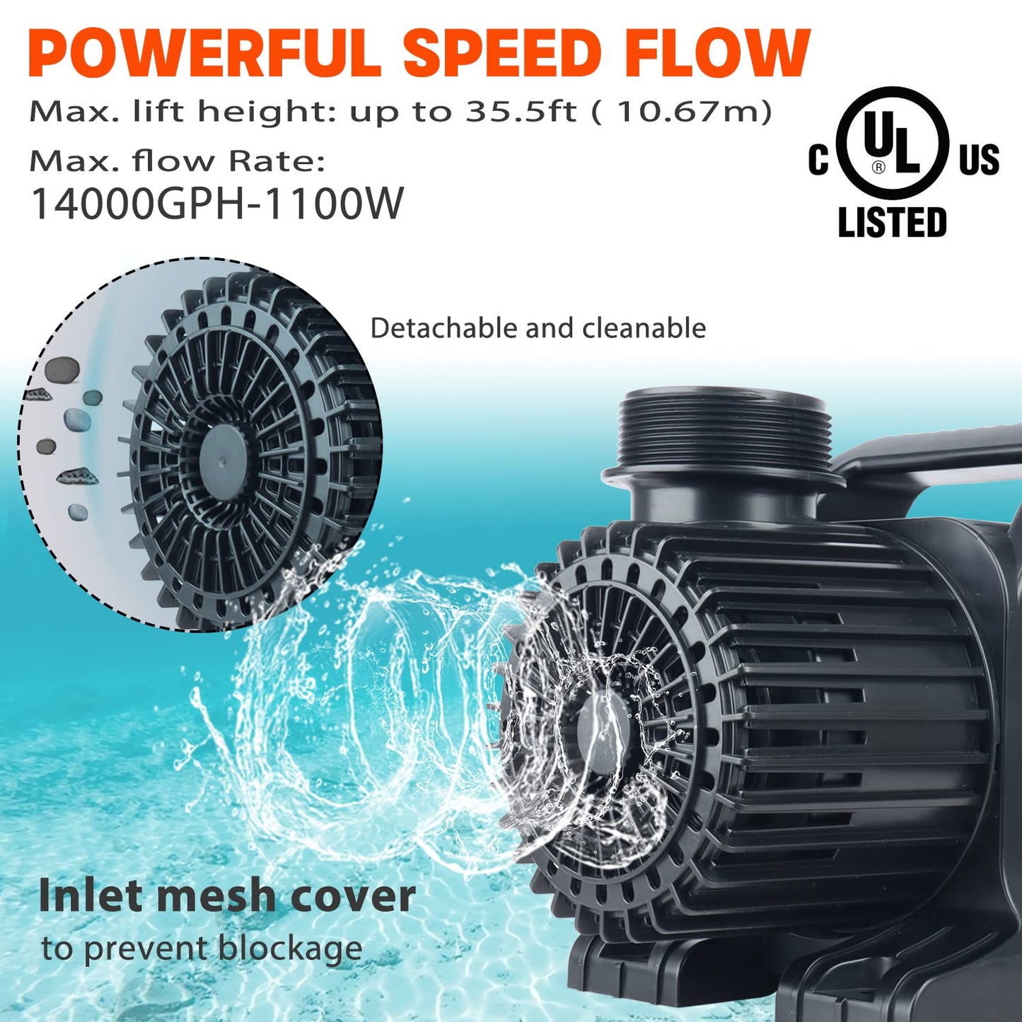 WaterRebirth (12000GPH, UL Listed) PS- High Flow Submersible Water Pond Pump - Water Fountain Aquarium UL listed (12000GPH-850W)