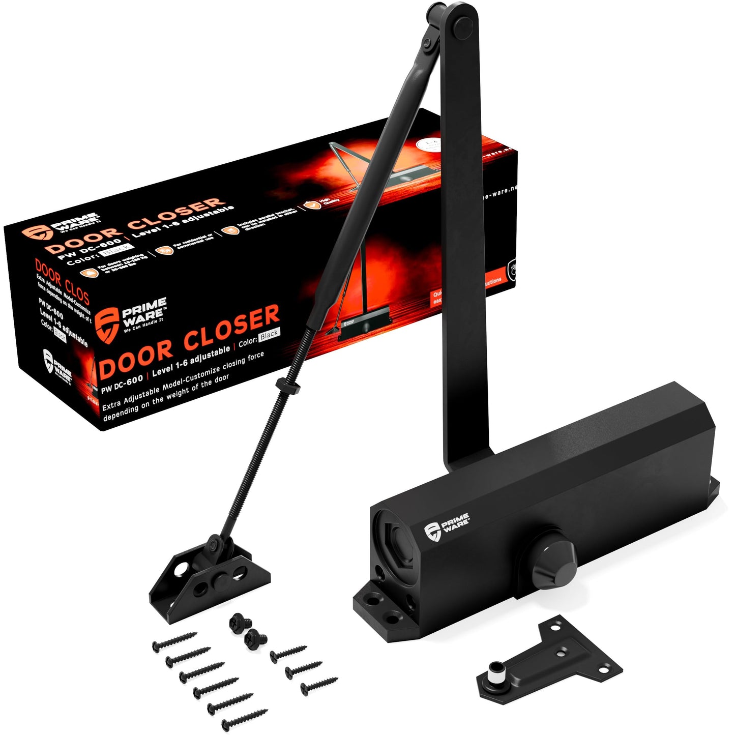 PrimeWare DC-600 Automatic Adjustable Door Closers for Home | Soft Close, No Slam | Residential and Commercial Door Closer | Level 1-6 | for Doors Weighing 30-300 lbs | Hydraulic Door Spring - Black