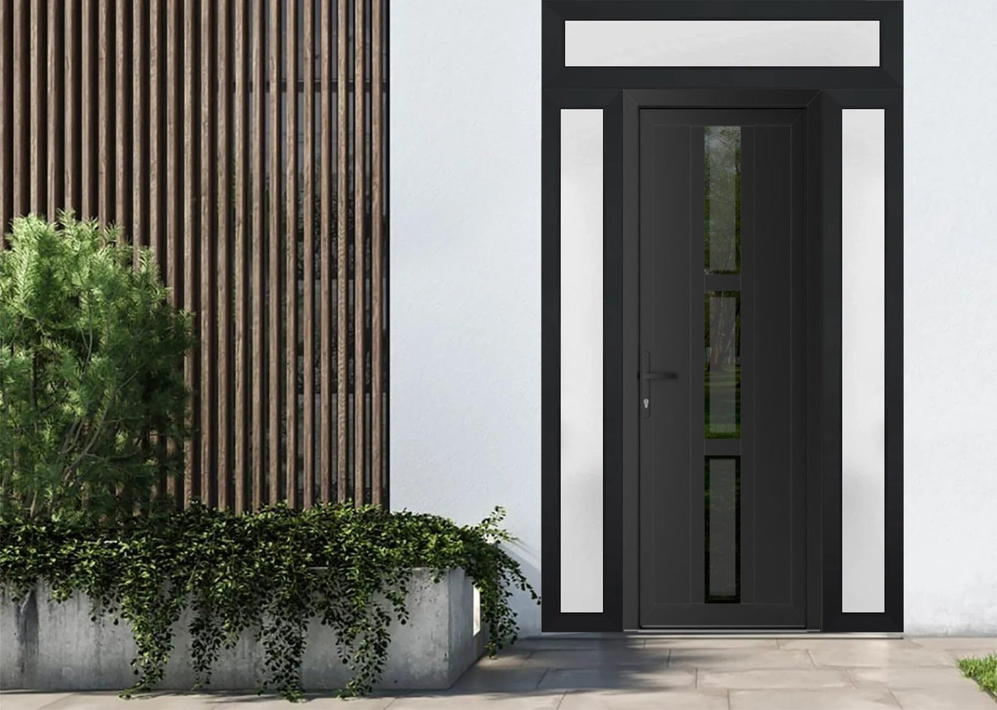 VDOMDOORS Front Exterior Prehung Metal-Plastic Door Frosted Glass | Manux 8112 Matte Black | 2 Side, Top Sidelite Transom | Doors Entrance Patio Garage 68 x 94 (W16+36+16 x H80+14) Right-Inswing