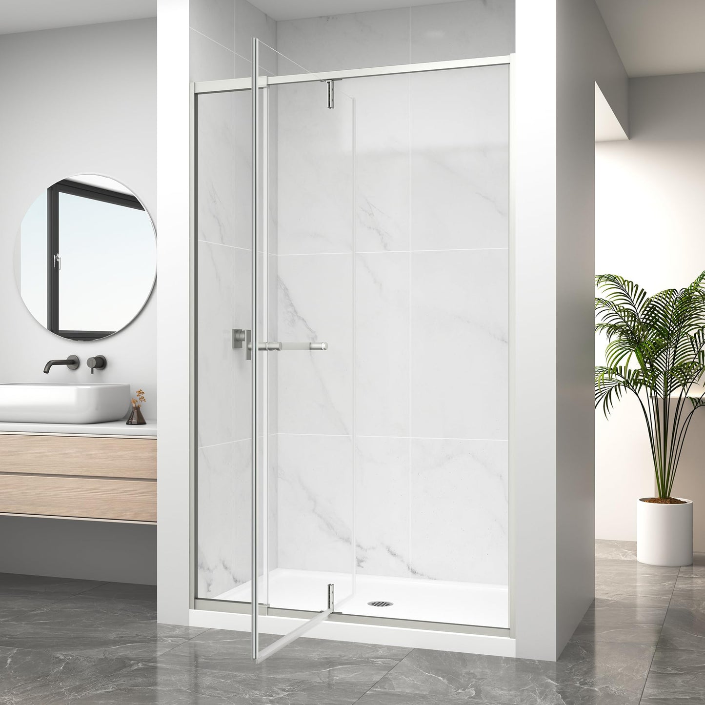 KPUY Pivot Shower Door, 42-48" W x 72" H Semi-Frameless Swing Glass Shower Door with Explosion-Proof Film Nano Coating, 1/4" (6mm) Thick Tempered Clear Glass, Brushed Nickel