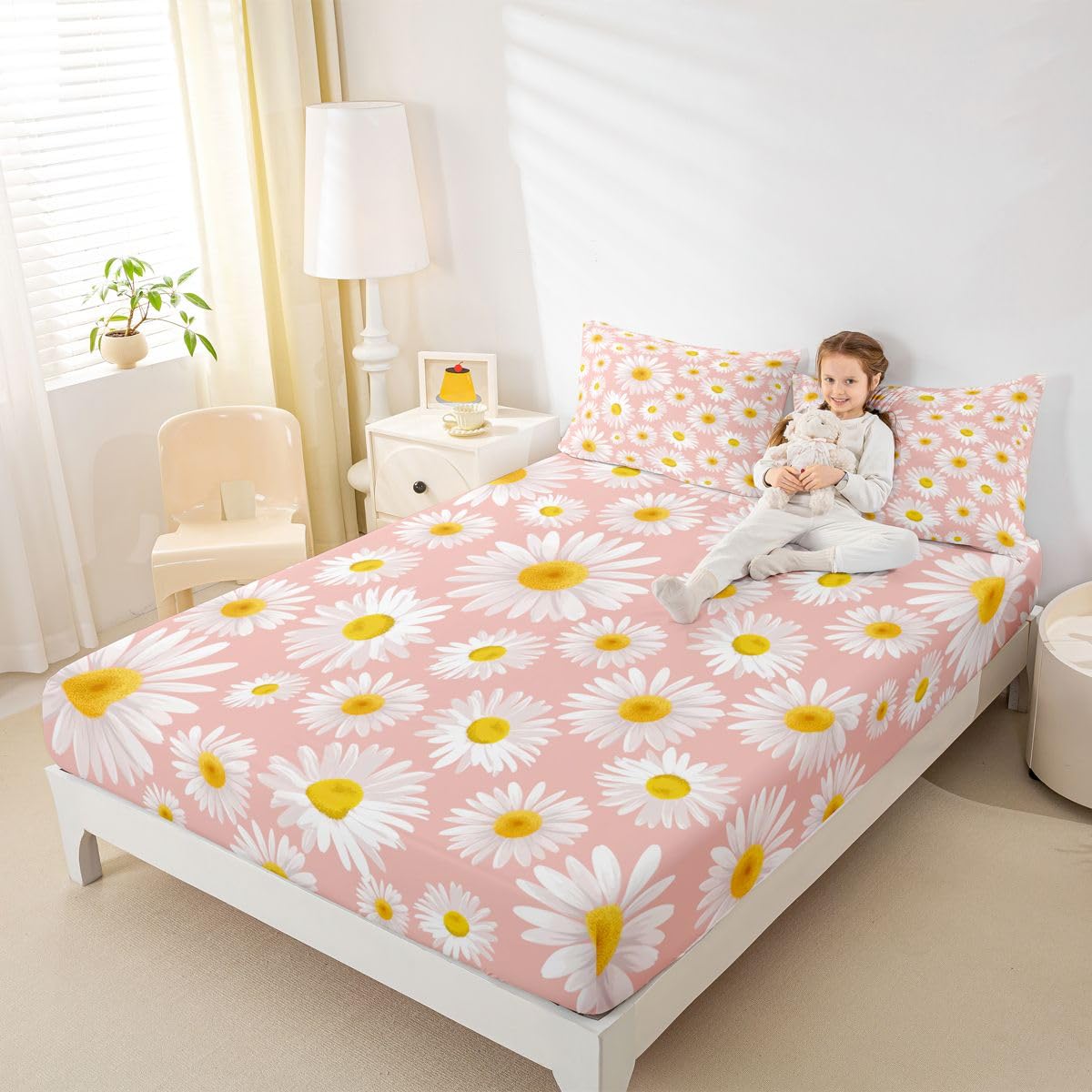 Erosebridal Pink Daisy Sheet Set Queen Size Boho Floral Bed Sheets,Romantic Garden Flowers Fitted Sheet Plant Botanical Bed Cover for Boys Child Bohemian Farmhouse Rustic Room Decor