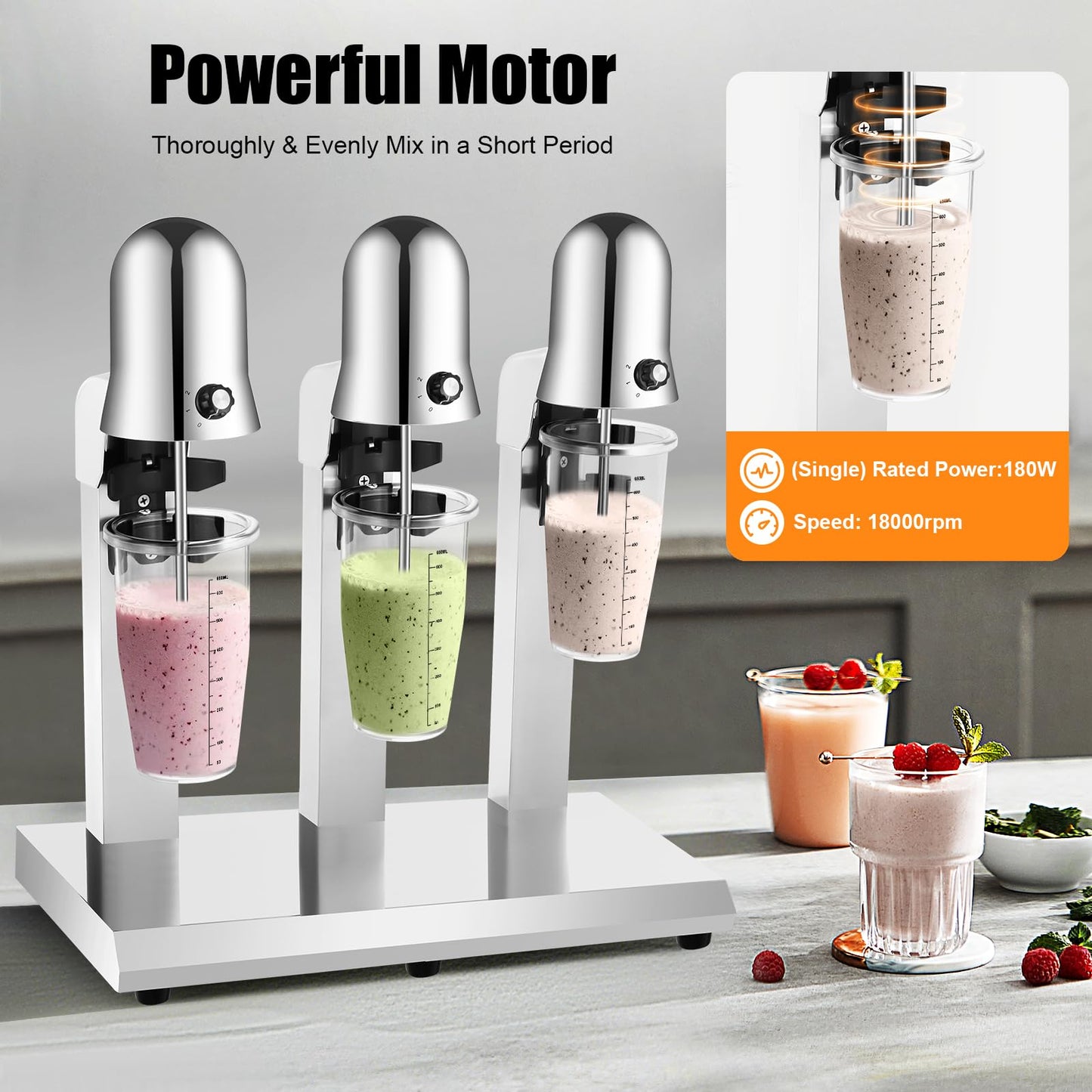 NenoBeo 3 Heads Milkshake Mixer Commercial Drink Mixer Machine,Stainless Steel Triple Head Milkshake Maker with 18000RPM High Speed Motor,Milk Tea Smoothie Mixer for Cafe Restaurant Ice Cream Shop Bar