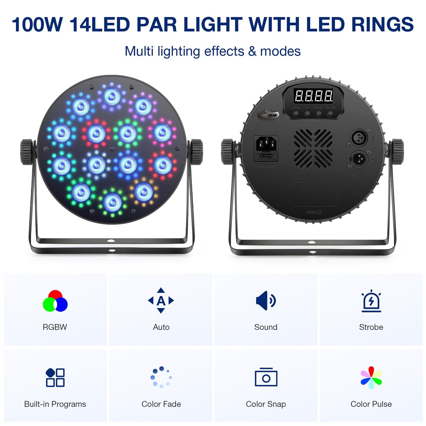 OPPSK LED Stage Par Lights: 2Pack 100W Dual-Effect 10 Ring LED Surrounded 14 RGBW Par Can - Dimmable Sound Activated - Remote & DMX Control - Uplights for DJ Wedding Party Club Bands Stage Lighting