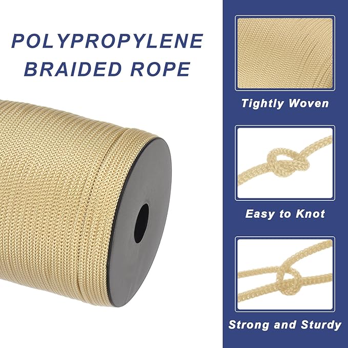 MECCANIXITY 5/32 Inch Polypropylene Rope Braided Ropes, 328ft Camping Rope Hollow Utility Cord for Clothesline, Hiking, Outdoor, Khaki