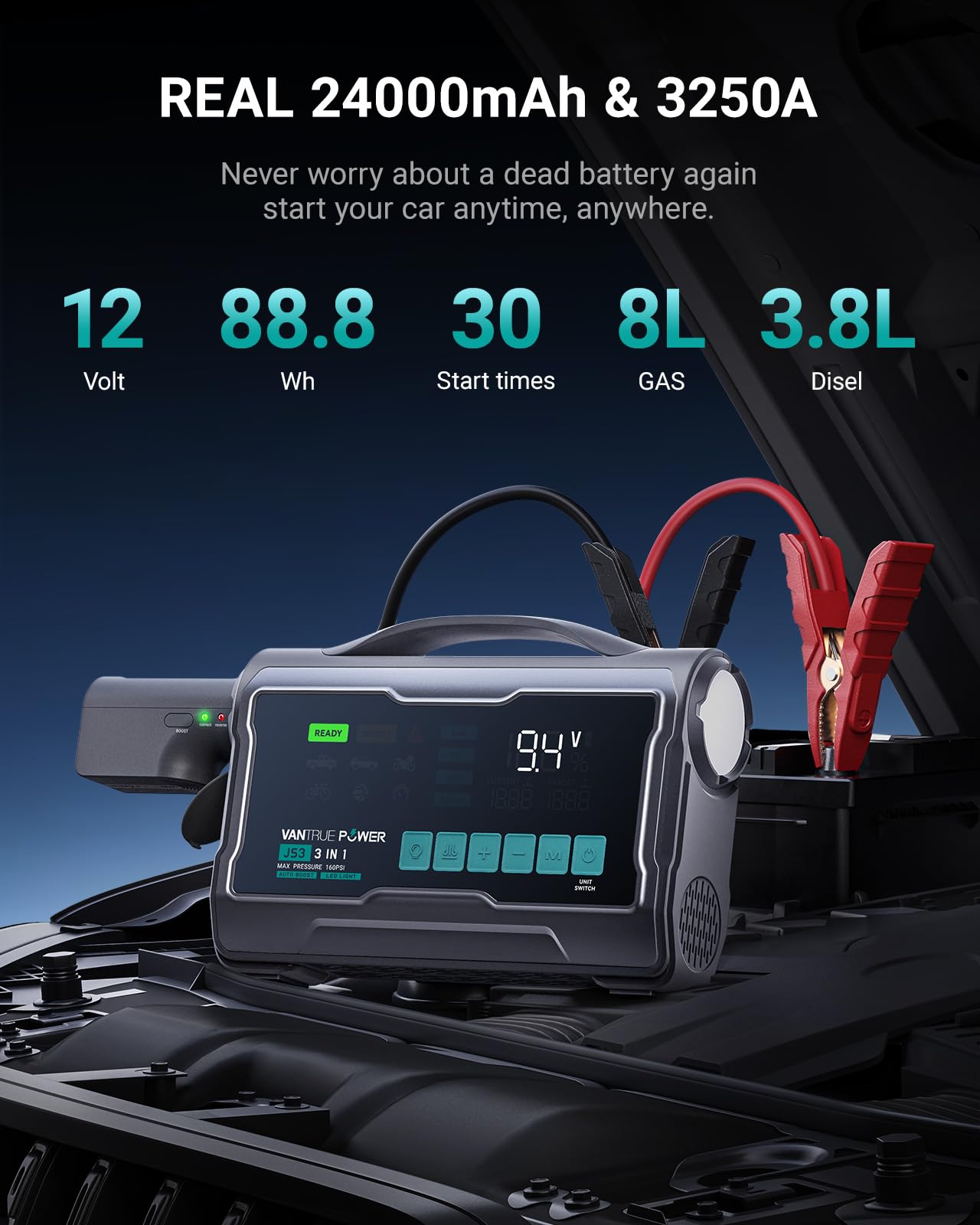 VANTRUE POWER JS3 Real 3250A Jump Starter with Air Compressor 160PSI, 12V Car Battery Booster with Display, Jump Box with Light, Support 65W Fast Charging Power Bank, 8.0L Gas/3.8L Diesel Engines