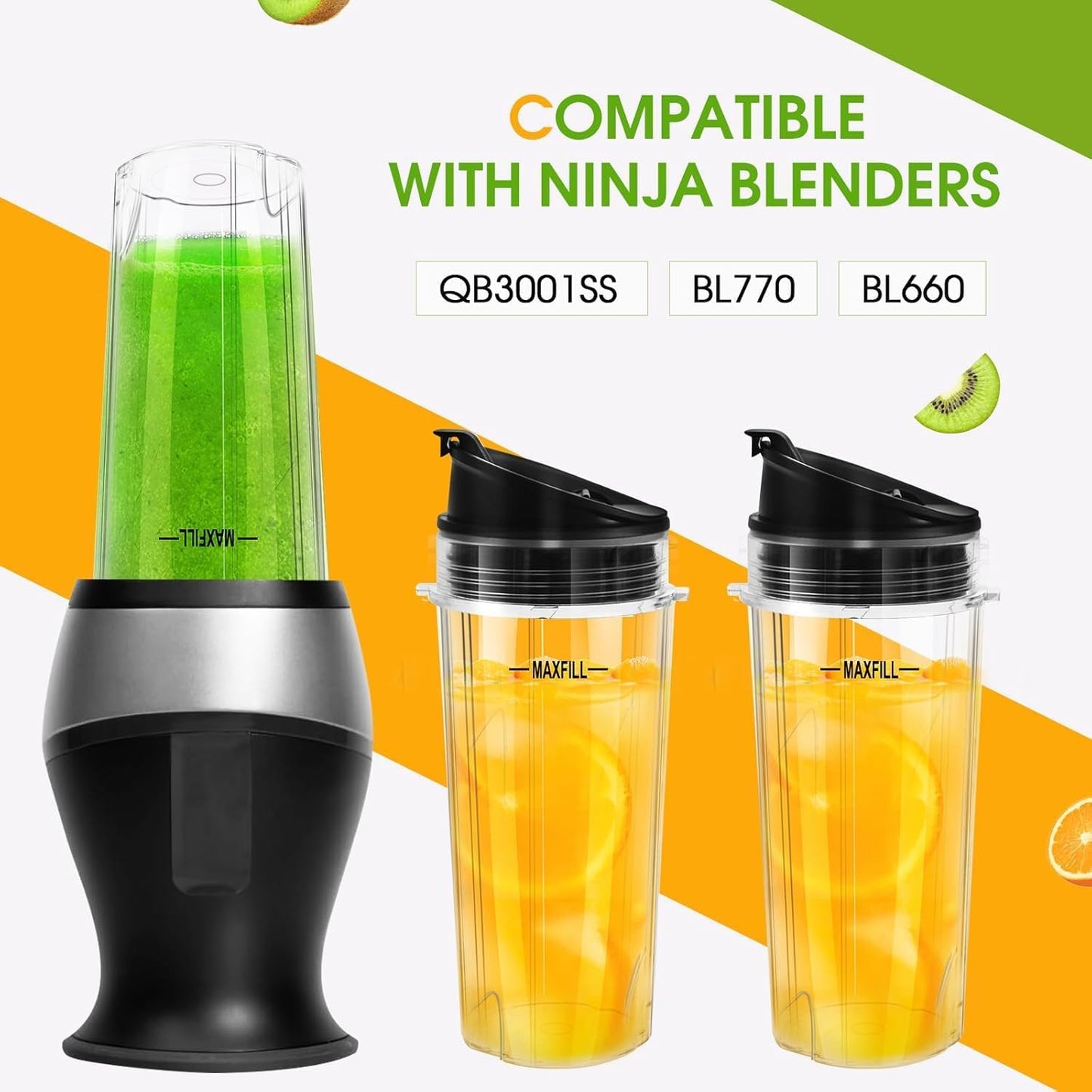 Ninja Blender Cups - 16oz Replacement 3-Pack with Lids | Compatible with QB3001SS, BL770, BL780, BL660, BL740, BL810, Nutri Ninja Series