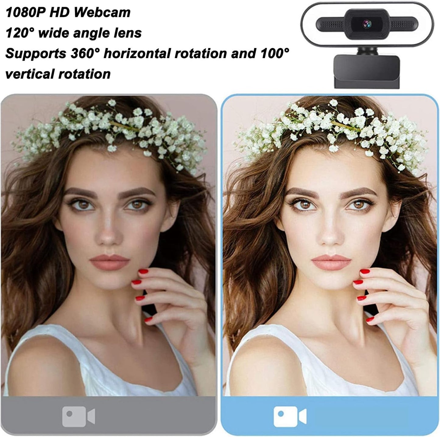 Yoidesu 1080P Webcam for PC, HD Webcam with Adjustable Ring Light and Microphone, Rotatable Wide Angle Camera, Plug