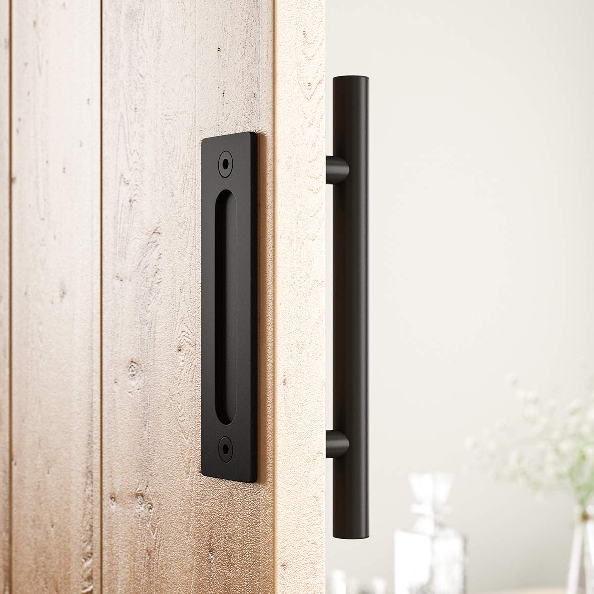 SMARTSTANDARD 12" Heavy Duty Sliding Barn Door Handle, Pull and Flush Hardware Set, Black Powder Coated Finish, Large Rustic Two-Side Design, Round