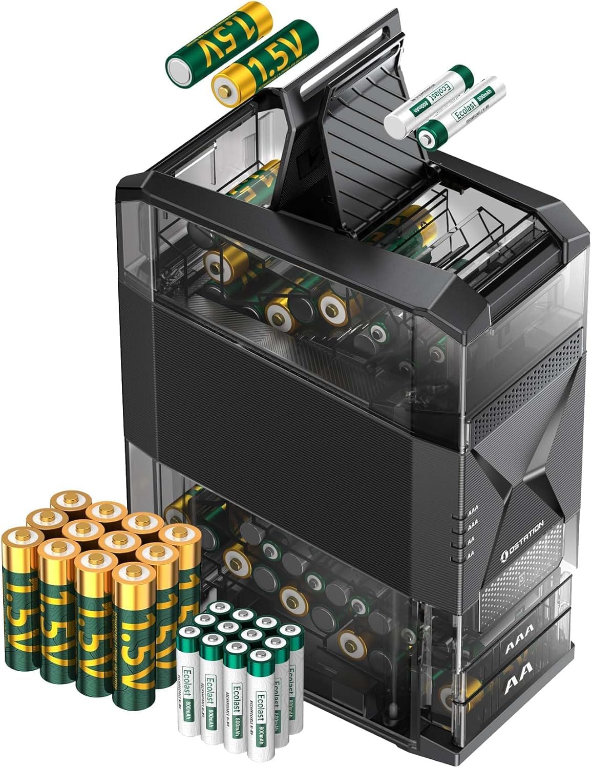 Ostation 2 AA AAA Rechargeable Battery Charger Charging Station, 3 in 1 Polarity-Free Charger Organizer for NiMH & Lithium, Auto-Sorts Good & Bad, App, Holds 24 Cells (w/12 AA Li-ion & 12 AAA NiMH)