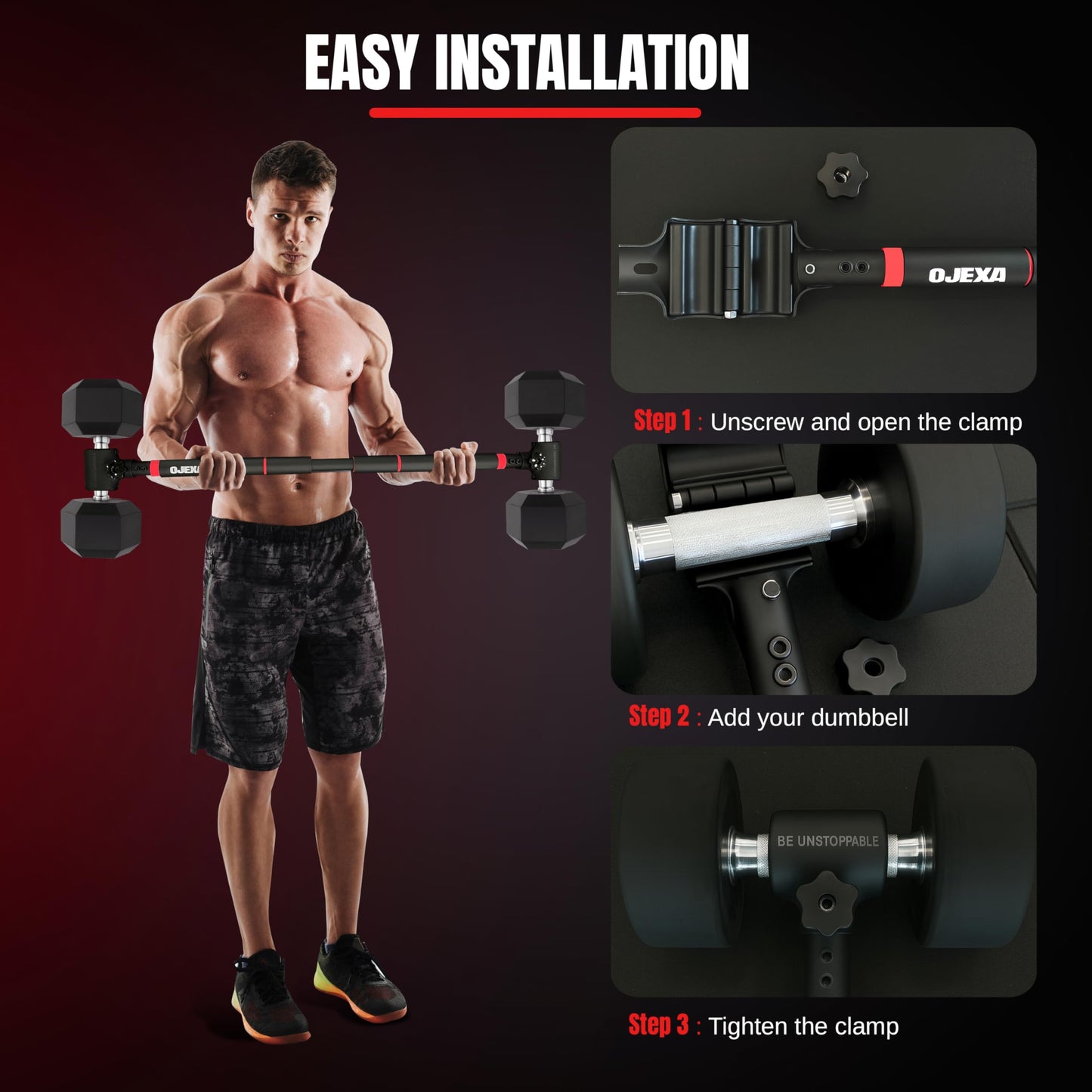 OJEXA Dumbbells to Barbell Converter Set, Adjustable Weights, 200 lb Capacity, Steel Clamp, Home Gym
