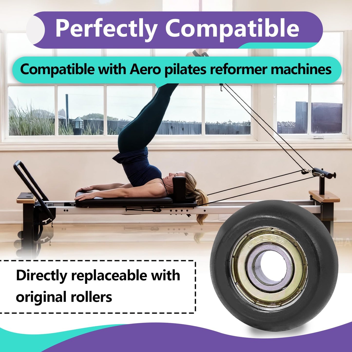 4 PCS Black Roller Wheels Replacement Compatible with Aero Pilates Reformer, Pilates Reformer Machines Wheels, Smooth and Quiet Sliding