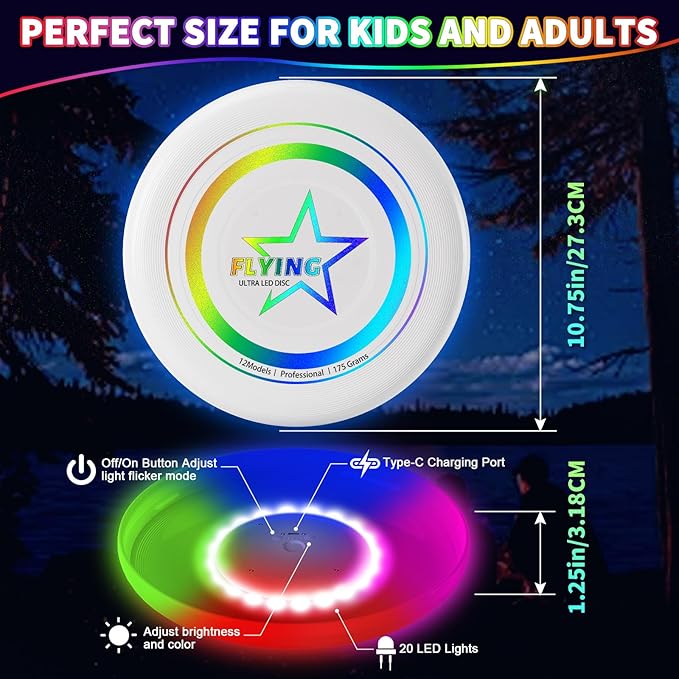 Pro Glow in the Dark Flying Disc for Kids Adults, 7 Lighting Smart Modes Flying Ring Toy for Outdoor Game, Camping Essentials for Kids/Teens/Boy/Girl, Safe, Waterproof, 175g, Lawn, Yard, Beach Toy