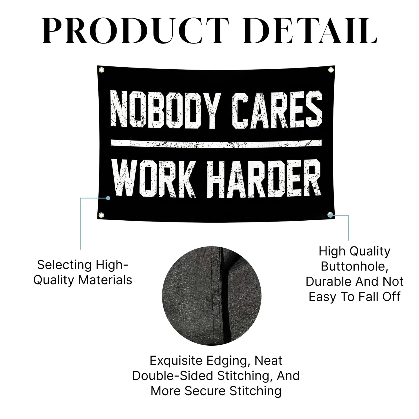Nobody Cares Work Harder Motivational Gym Banner 3x5 Feet, Heavy Duty Flag Tapestry with 4 Brass Gaskets, Inspirational Fitness Motivational Wall Decor for Home Gym, Workout Room & Fitness Studio Wall Art