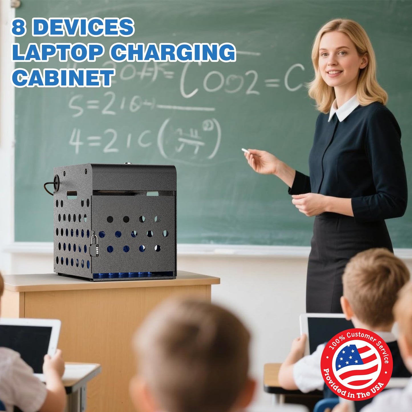 POCHAR 8-Device Chromebook Charging Cabinet for Classroom - Laptop Lock Box for iPad Tablet Fits 14" Screen - Portable Locking Charging Station for Schools, Offices, Hospitals (Black)