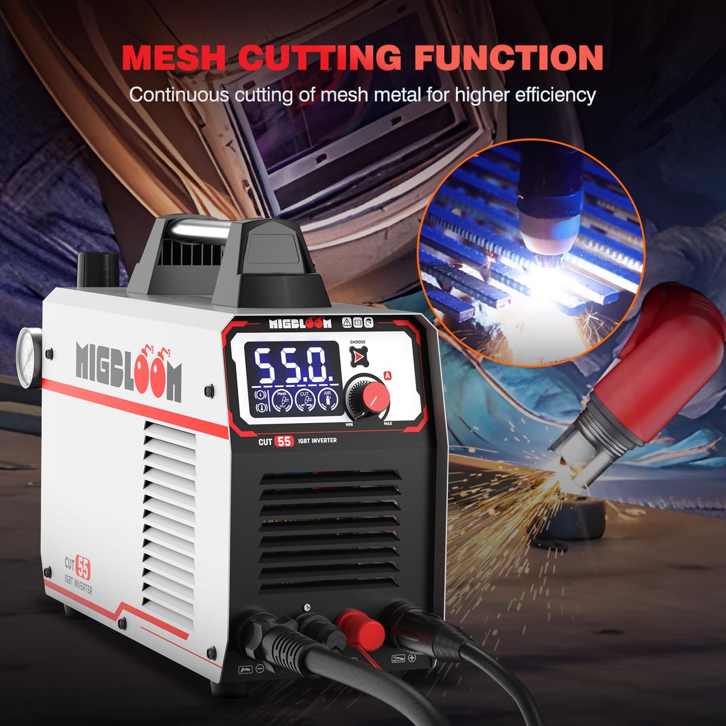 Plasma Cutter 55Amp Non Touch Pilot Arc Non-High Frequency,Non-Touch Dual Voltage 110V/220V Plasma Cutting Machine with LCD Screen IGBT Inverter 3/4'' Max Cut, Post Flow Mesh Cut 2T/4T
