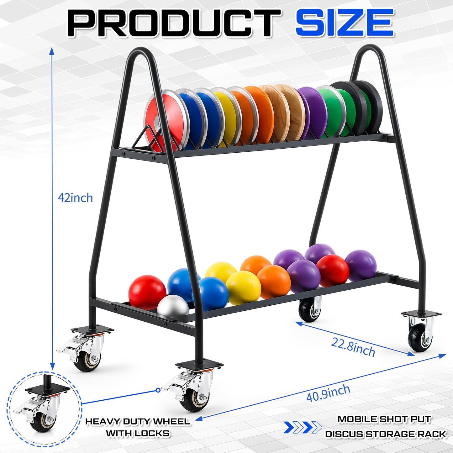 Silipull Mobile Shot Put Discus Storage Rack Cart Heavy Duty Athletic Throwing Equipment Trolley with 4 Wheels, Holds 15 Discus & 20 Shot Put for Gym, School PE and Track & Field Gear Organizer