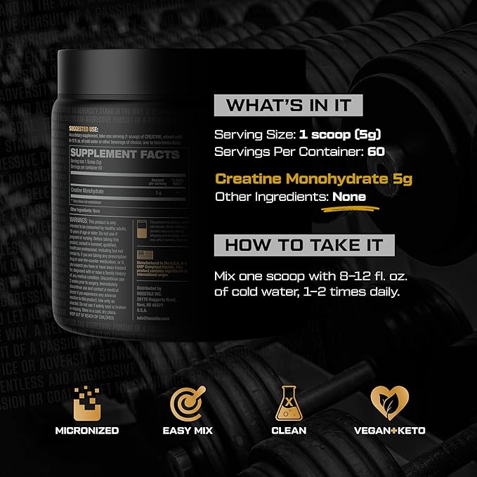 HOSSTILE Creatine Monohydrate Powder for Men & Women, Micronized, Improve Muscle Size, Strength & Power Output, Post Workout Recovery Drink, Unflavored, 60 Servings
