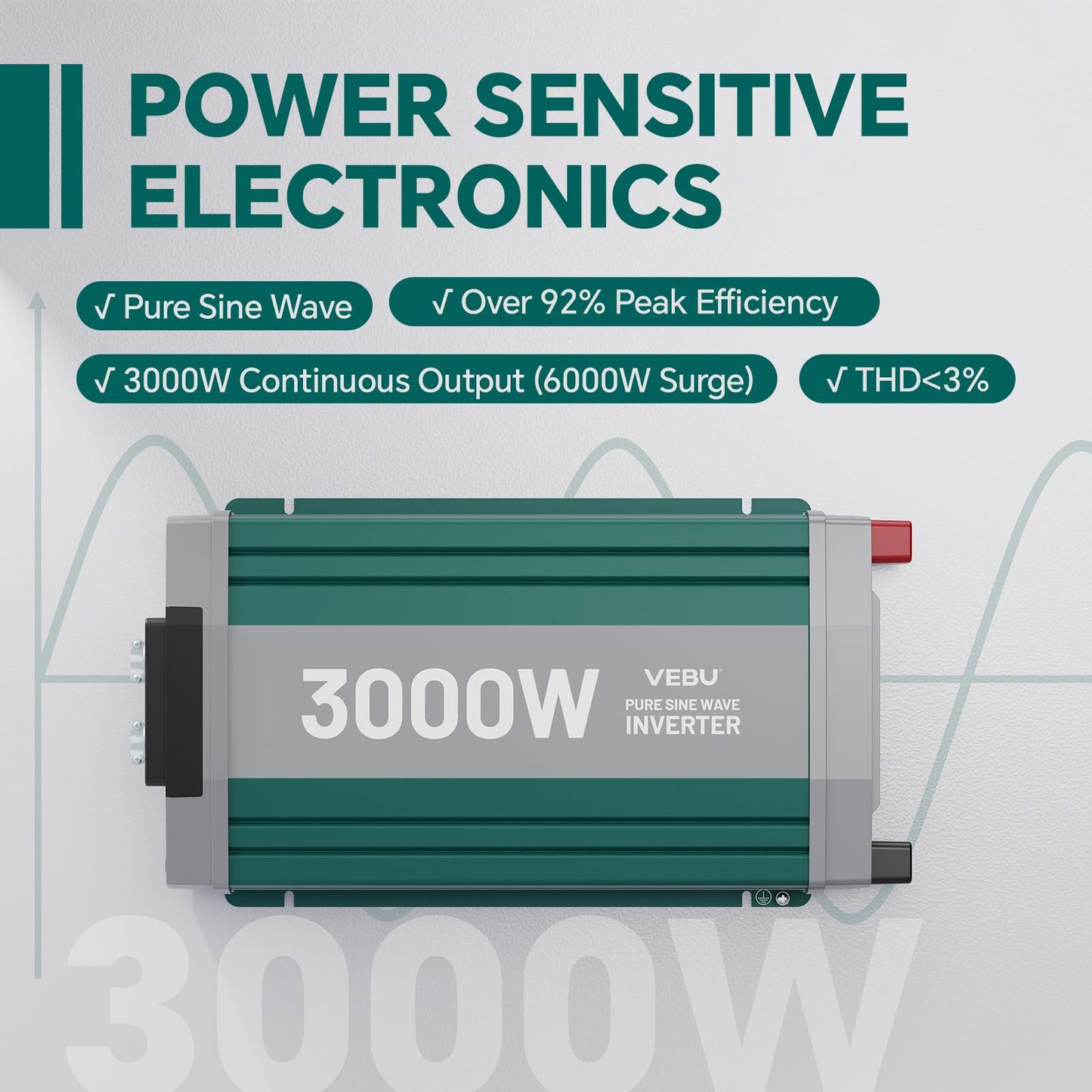 VEBU 3000W Pure Sine Wave Inverter with ATS Mode, 12V DC to AC 120V Converter for Off-Grid System, RV, Truck, Camping, Peak 6000W