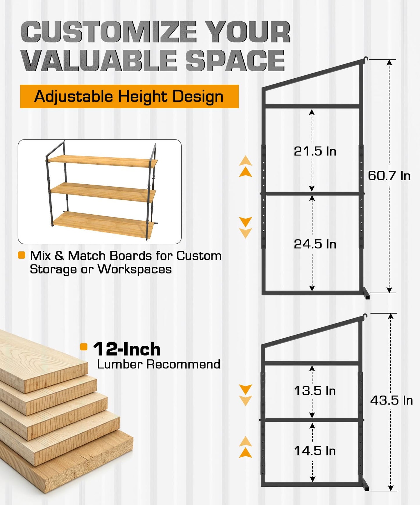 Autoholic Shipping Container Shelving Rack Steel Container Hanging Shelf Bracket Height Adjustable Fit for 12in 24in Lumber Black Efficient Storage Space No-Drill Installation