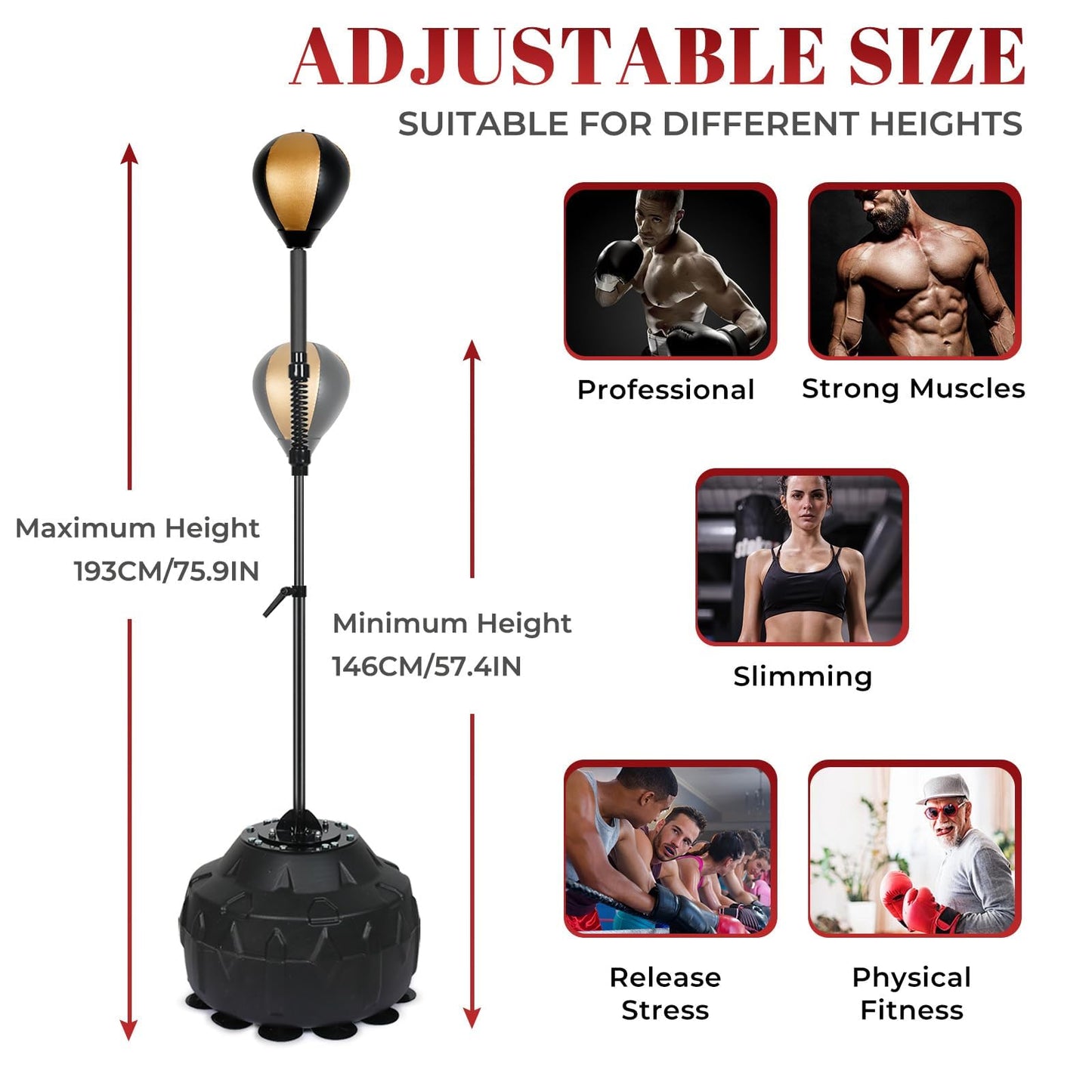 57-75IN Punching Bag Reflex Ball Speed Bag Free Standing Boxing Bag with Adjustable Height & Reinforced Spring Strong Durable Relief Stress Ball