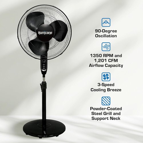 Hurricane Supreme Oscillating Pedestal Fan - 3 Quiet Speeds, Remote Control & Adjustable Height, 16” Black