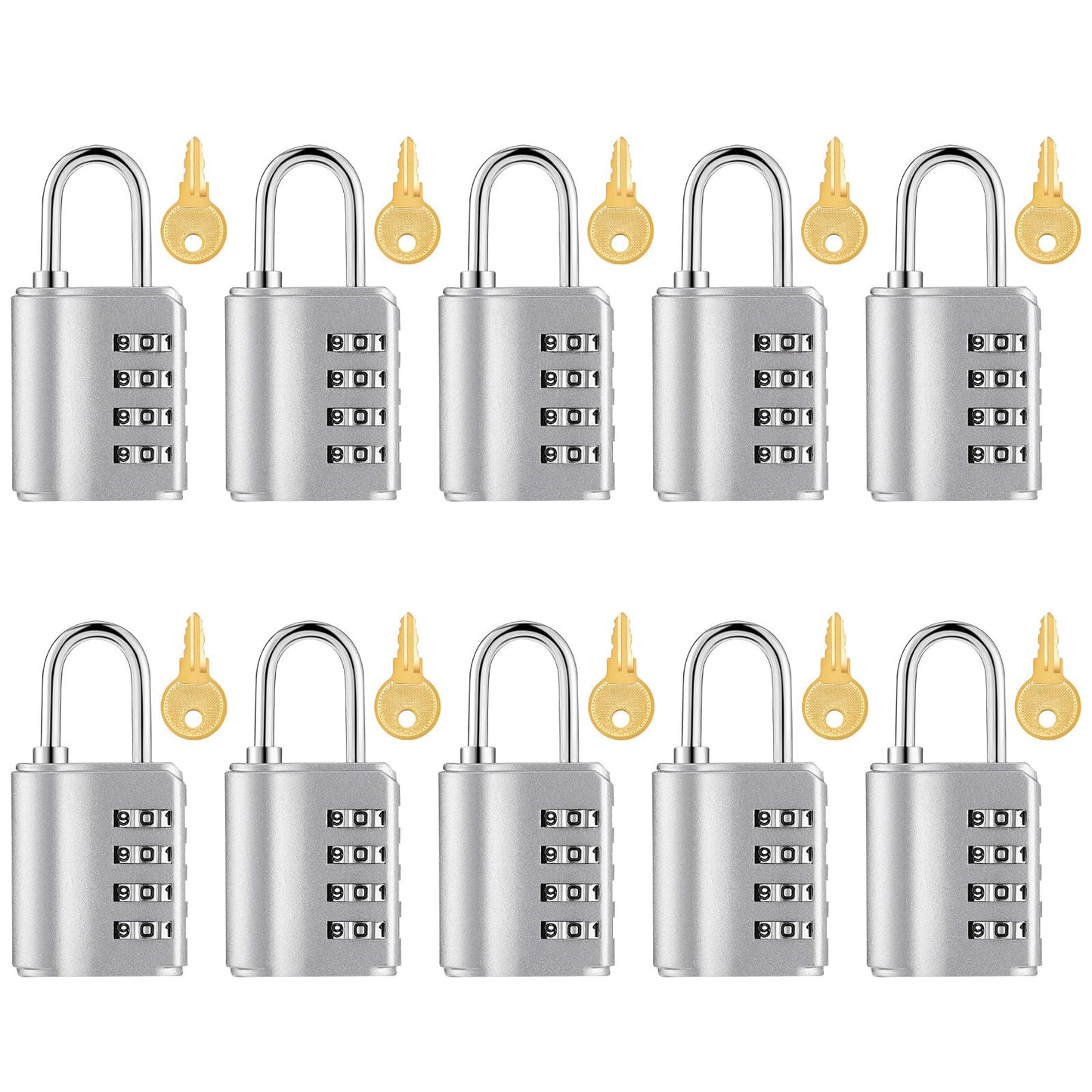 Kenning 10 Pcs Combination Padlock 4 Digit Combination Lock with Keys Locker Resetable Security Outdoor Waterproof Gate Lock for School Sports Gym Locker Employee Fence Case (Silver)